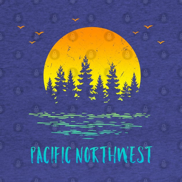 Pacific NW Northwest Sunset Trees Water Birds by Pine Hill Goods